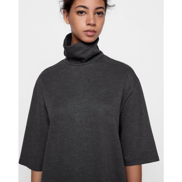 🌸SOLD🌸 NWT Zara | Grey Turtleneck 3/4 Sleeve Mini Dress Tunic Top TRF Small - Picture 2 of 9